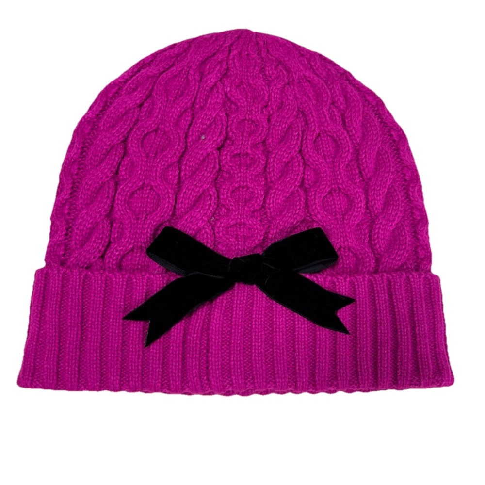 Kate Spade Pink Cable Knit Beanie with Black Bow